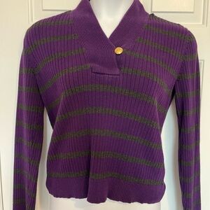 Lauren Ralph Lauren Women’s Purple Striped Cotton Sweater Button Accent Sz XL